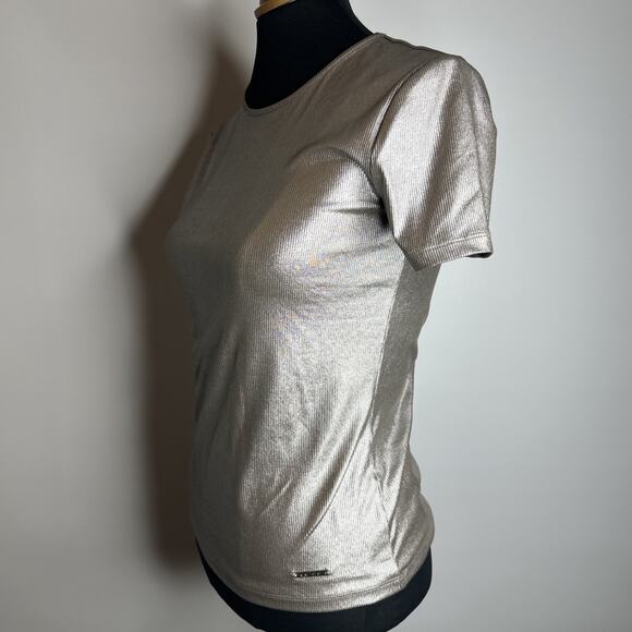 Nine West Metallic Ribbed Stretch T-Shirt XS Silver Brown Cybercore Y2K Top - Picture 4 of 10